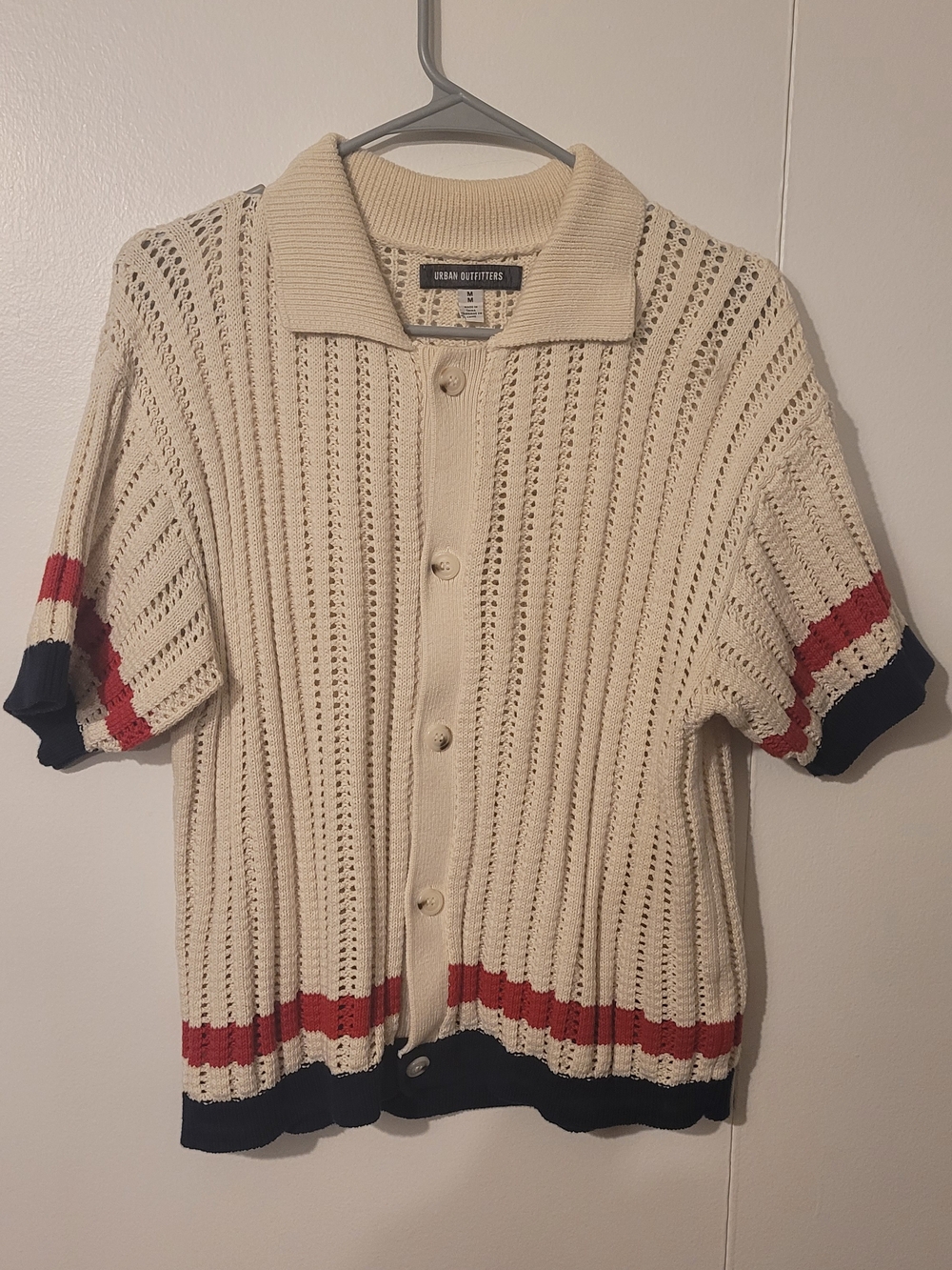 Urban Outfitters Cream Short-Sleeve Openwork Cardigan with Red & Navy Trim